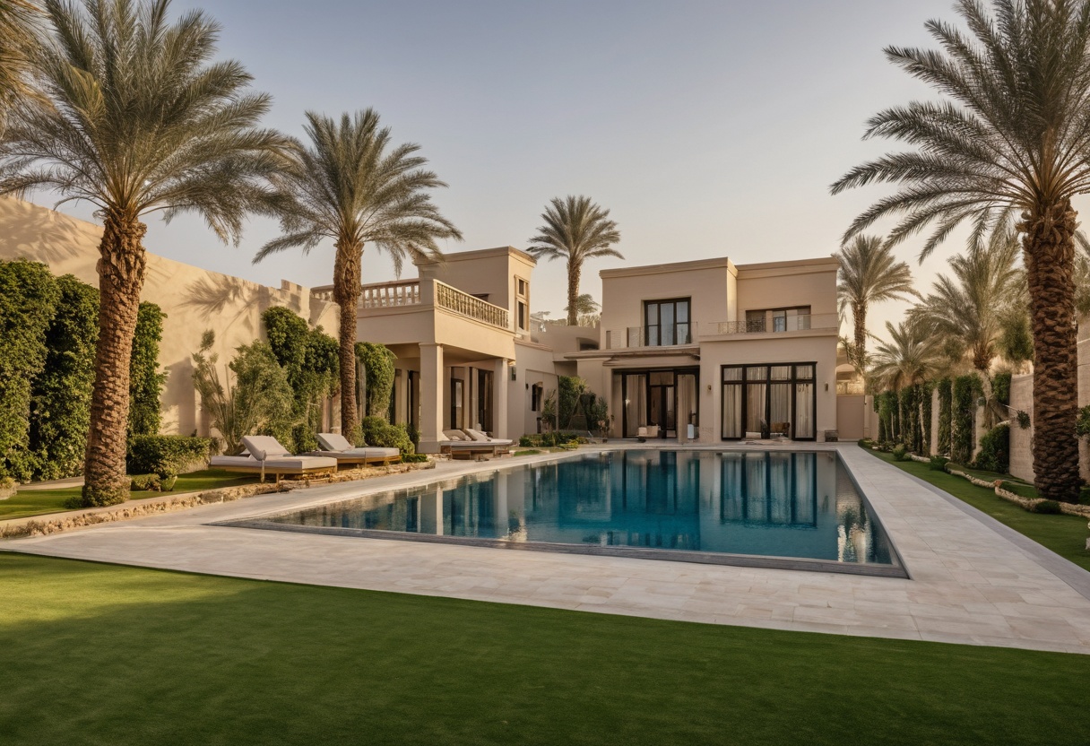 Private villa garden in Dubai with lawn, palms and swimming pool