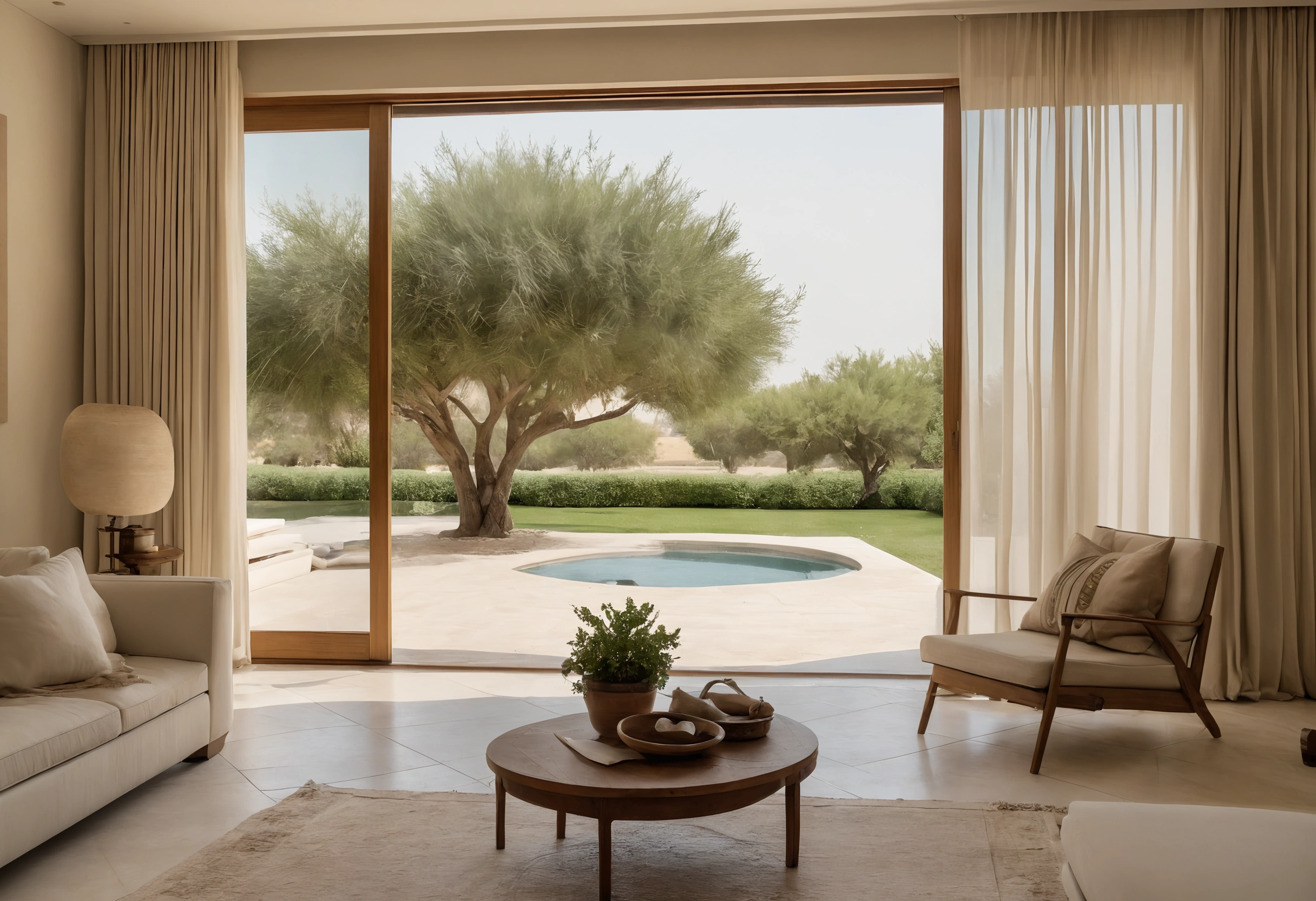 Villa living room opening through timber-framed sliding doors onto a lawn, a small pool and a spreading desert tree