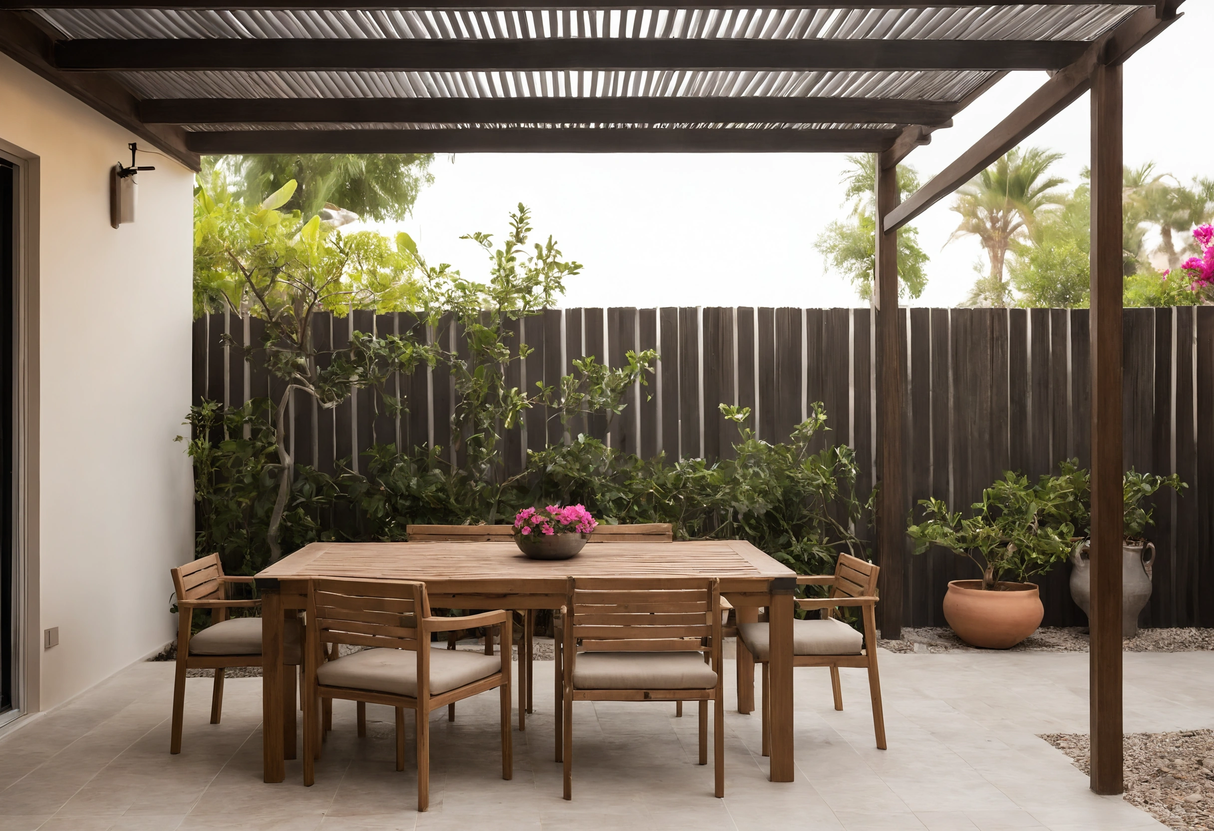 Timber pergola with slatted roof over a dining table on pale stone paving, bougainvillea and a dark timber fence